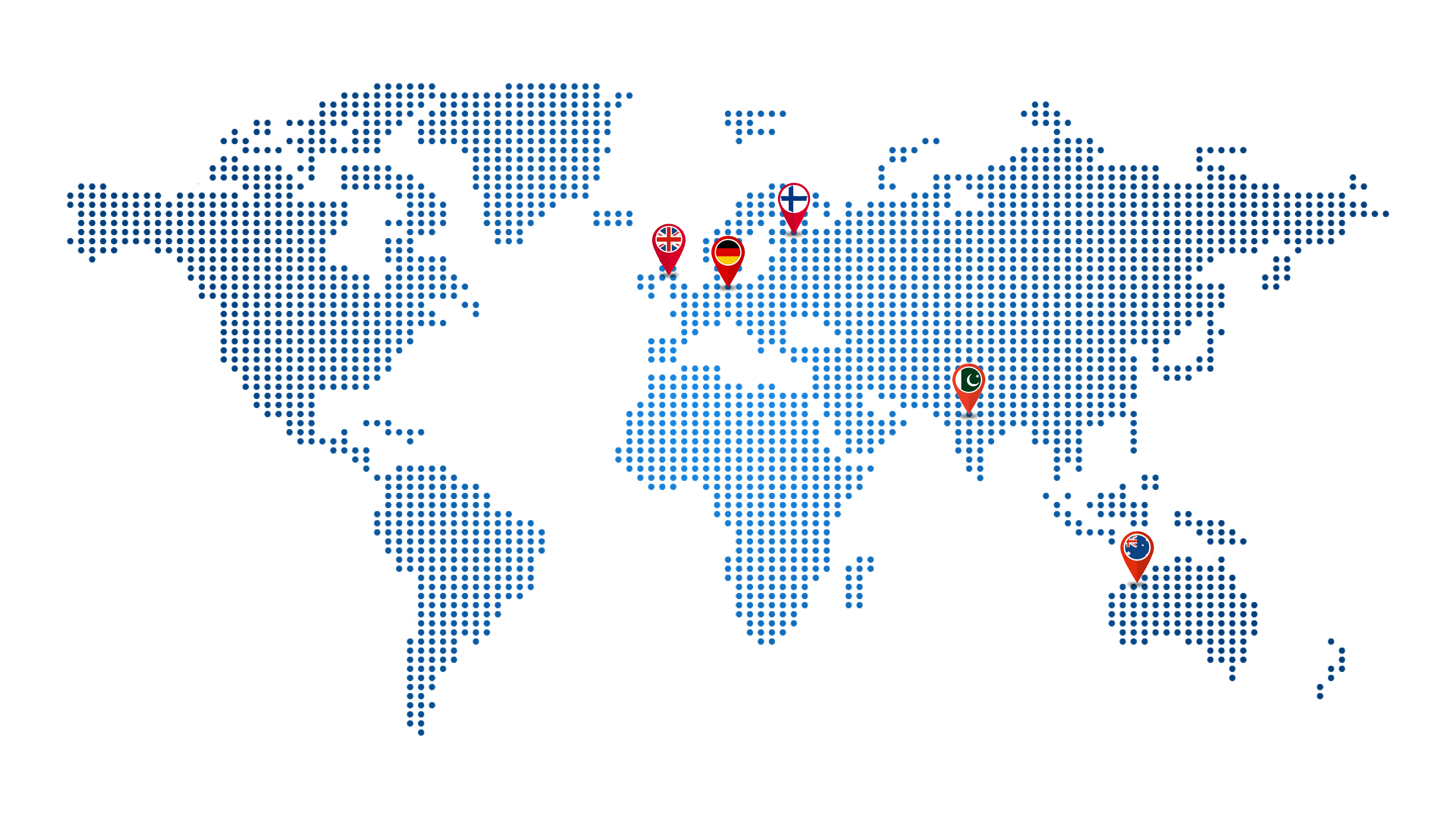 Global reach — world map with locations: Australia, United Kingdom, Germany, Finland, Pakistan